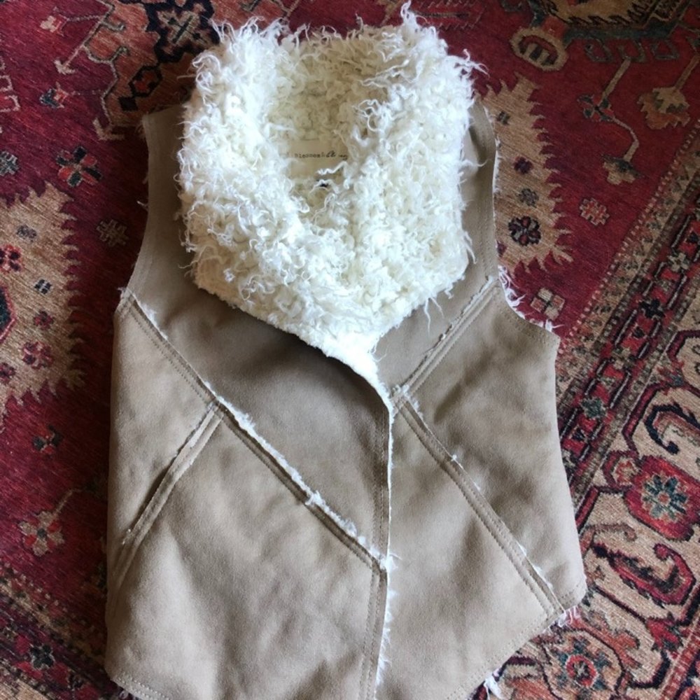 Blossom & Clover Taupe Suede and Ivory Faux Fur Open Vest